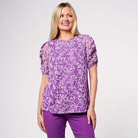 "As Is" DG2 by Diane Gilman Mixed Media Puff Sleeve Top with Keyhol...