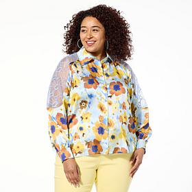 "As Is" DG2 by Diane Gilman Printed Satin Blouse with Lace Detail