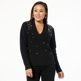 "As Is" DG2 by Diane Gilman Rhinestone Embellished V-Neck Sweater