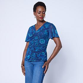 "As Is" DG2 by Diane Gilman Ruched Flutter Sleeve Top