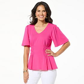 "As Is" DG2 by Diane Gilman Shirred Flutter-Sleeve Top