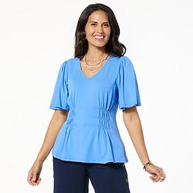 "As Is" DG2 by Diane Gilman Shirred Flutter-Sleeve Top