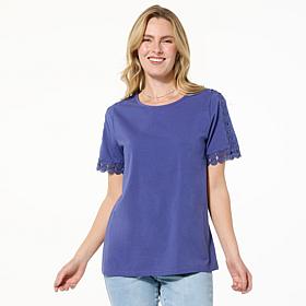 "As Is" DG2 by Diane Gilman Short Sleeve Lace Inset Top