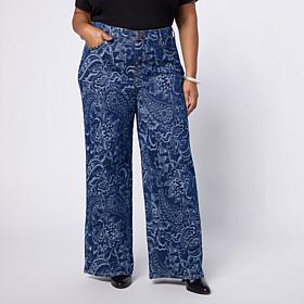 "As Is" DG2 by Diane Gilman Stretch Jacquard Denim Pull-On Wide Leg...