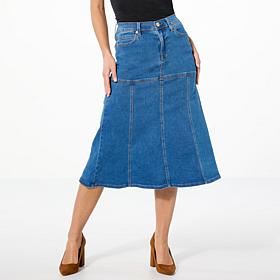 "As Is" DG2 by Diane Gilman Virtual Stretch Flounce Denim Midi Skirt