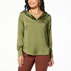 "As Is" DG2 by Diane Gilman Woven Satin Notched Neckline Blouse