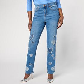 "As Is" Diane Gilman New Classic Stretch Heart Patch Straight Leg Jean