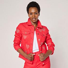 "As Is" Diane Gilman New Classic Stretch Heart Studded Denim Jacket