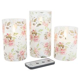 "As Is" Emryn House Floral Glass Flameless Candles Set of 3 with Re...