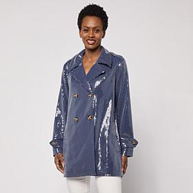 "As Is" G by Giuliana Black Label Sequin Double-Breasted Trench Coat
