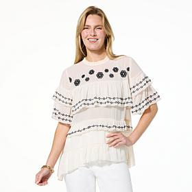"As Is" G by Giuliana Woven Embroidered Ruffle Top