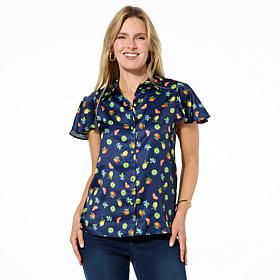 "As Is" G by Giuliana Woven Flounce-Sleeve Novelty Button-Up Blouse