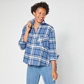 "As Is" HUE Plaid Flannel Button-Down Hi-Low Hem Shirt