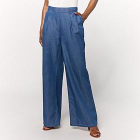 "As Is" HUE Woven Denim Pull-On Palazzo Pant