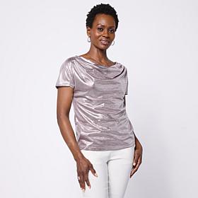 "As Is" Jaclyn Smith Metallic Knit Cap Sleeve Cowl Neck Top
