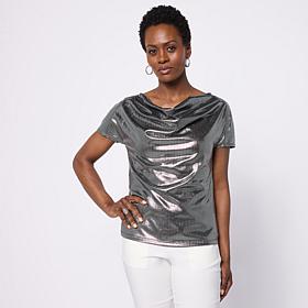 "As Is" Jaclyn Smith Metallic Knit Cap Sleeve Cowl Neck Top