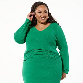 "As Is" Jaclyn Smith V-Neck Sweater with Crochet Hem