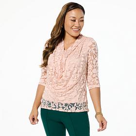 "As Is" Nina Leonard 3/4-Sleeve Drape Neck Burnout Top