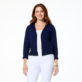"As Is" Nina Leonard 3/4-Sleeve Knit Bolero with Ruffled Pointelle Hem
