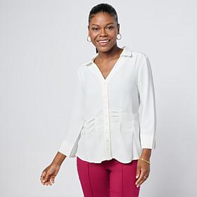 "As Is" Nina Leonard 3/4-Sleeve Textured Wave Ruched Waist Collared...