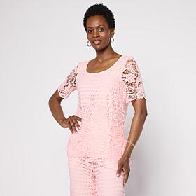 "As Is" Nina Leonard Border Lace Elbow Sleeve Top