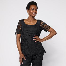 "As Is" Nina Leonard Border Lace Elbow Sleeve Top