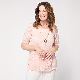 "As Is" Nina Leonard Burnout Knit Elbow Sleeve Necklace Top 