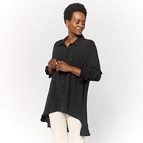 "As Is" Nina Leonard Button-Front Textured Wave Tunic Blouse
