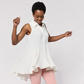 "As Is" Nina Leonard Collared Sleeveless Hi-Low Button-Front Top