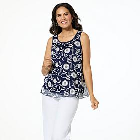 "As Is" Nina Leonard Embroidered Chiffon Scoop-Neck Tank