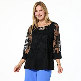 "As Is" Nina Leonard Embroidered Mesh Knit 3/4-Sleeve Tunic
