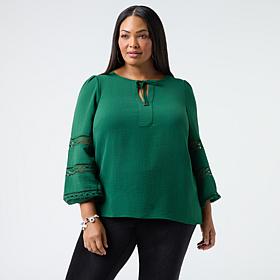 "As Is" Nina Leonard Notch Neck Textured Wave Top with Tie