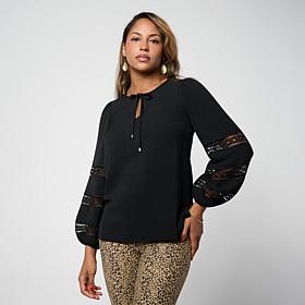 "As Is" Nina Leonard Notch Neck Textured Wave Top with Tie