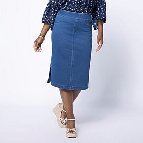 "As Is" Nina Leonard Stretch Denim Knit Pull-On Midi Skirt