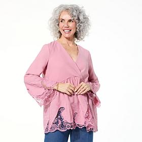 "As Is" Nina Leonard Surplice Neck Bell Sleeve Hi-Low Top