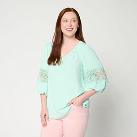 "As Is" Nina Leonard Textured Wave Balloon Sleeve V-Neck Top