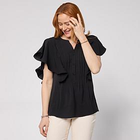 "As Is" Nina Leonard Textured Wave Flutter-Sleeve Mandarin Collar B...