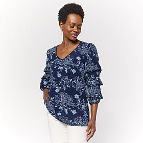 "As Is" Nina Leonard V-Neck 3/4 Pick-Up Sleeve Printed Top