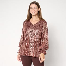 "As Is" Nina Leonard V Neck Printed Foiled Powermesh Top