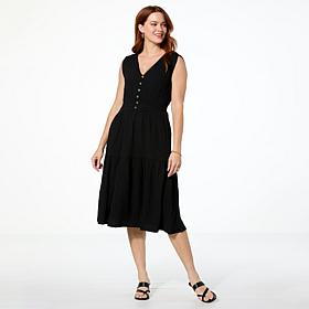 "As Is" Nina Leonard V-Neck Smocked Waist Pebble Tiered Dress