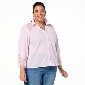 "As Is" Tower Hill by Christie Brinkley Lace Sleeve Button-Down Top