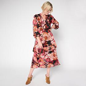 "As Is" TWRHLL by Christie Brinkley Ruffled Chiffon Midi Dress