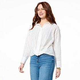 "As Is" TWRHLL by Christie Brinkley Twist-Front Button-Down Blouse