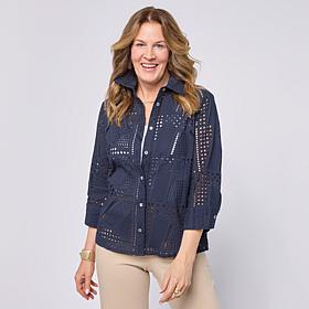 "As Is" WynneCollection 3/4-Sleeve Pointelle Patchwork Shirt