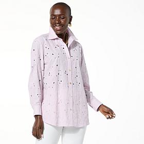 "As Is" WynneCollection Embroidered Button-Down Cotton Shirt