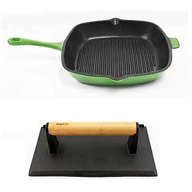 BergHOFF Neo 2pc Cast Iron Grill Set: Grill Pan & Bacon Press, Green