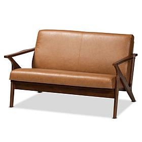 Bianca Walnut Brown Finished Wood and Tan Faux Leather Effect Loveseat