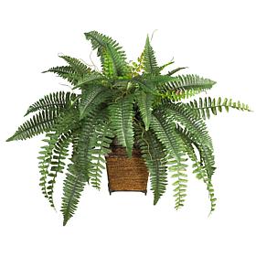 Boston Fern with Wood Wicker Basket Silk Plant