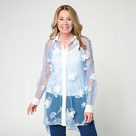 C Wonder 3D Applique Tulle Button-Front Tunic Top