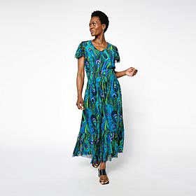 C Wonder Mesh Printed Flutter Sleeve Tiered Dress